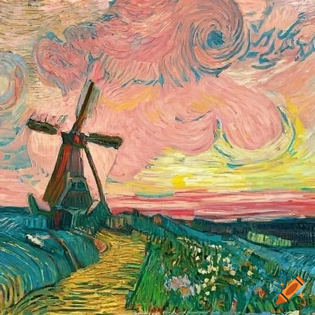 Vincent van gogh's painting of a mill in hills during sunset on Craiyon - Wanneer Is Vincent Van Gogh Overleden