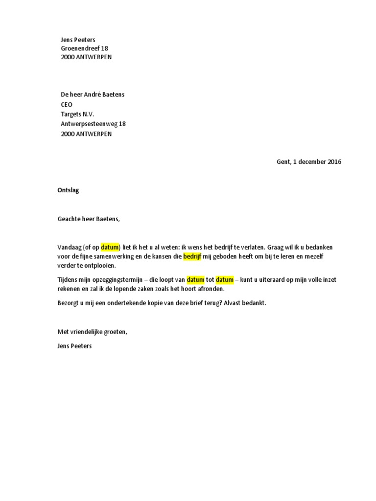 Voorbeeldbrief Ontslag Op Staande Voet