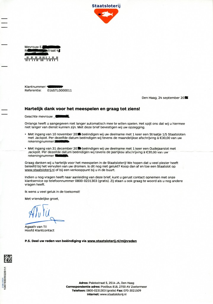 Voorbeeldbrief 5 Staatsloterij bevestiging opzegging - Zakelijk Schrijven - Graag Ontvang Ik Een Bevestiging Van Ontvangst