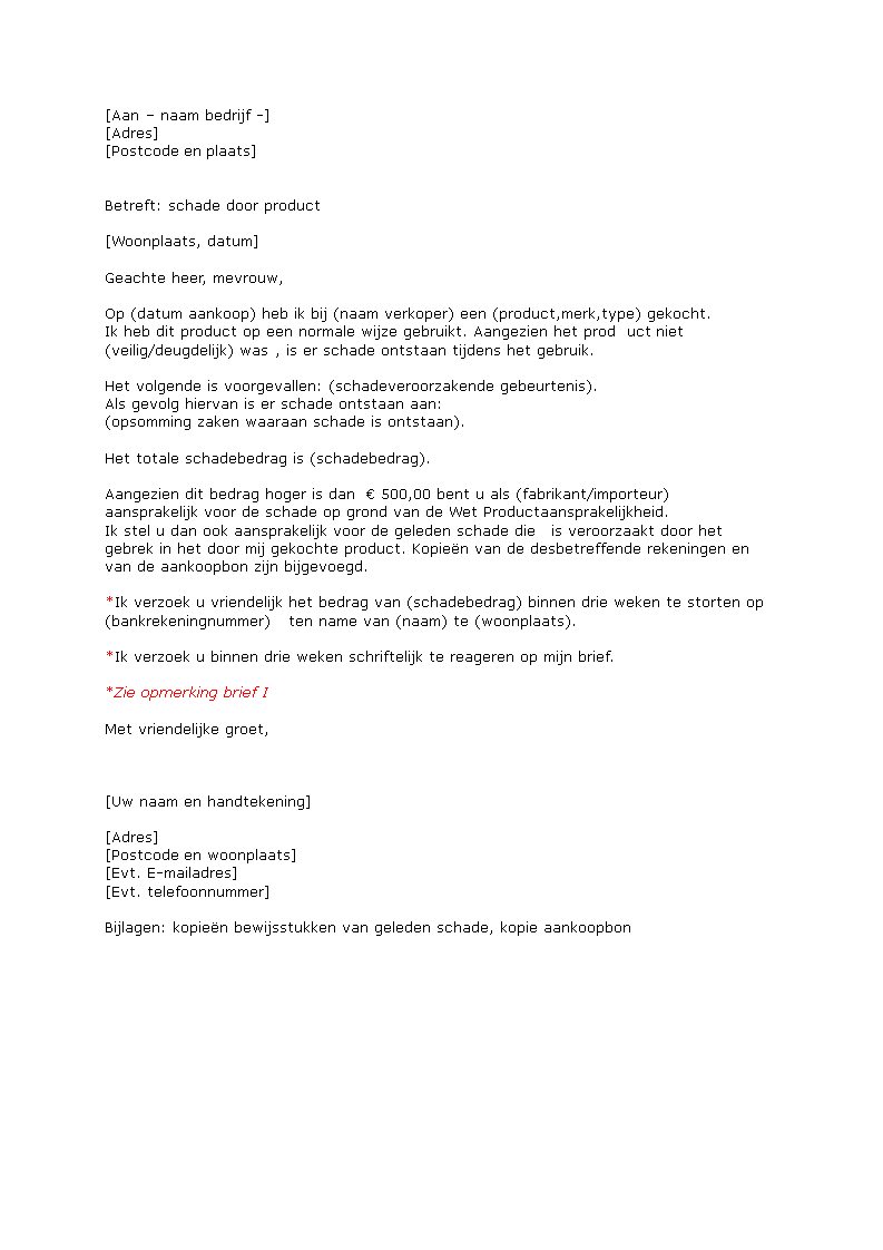 Aansprakelijk Stellen Voor Schade Voorbeeldbrief
