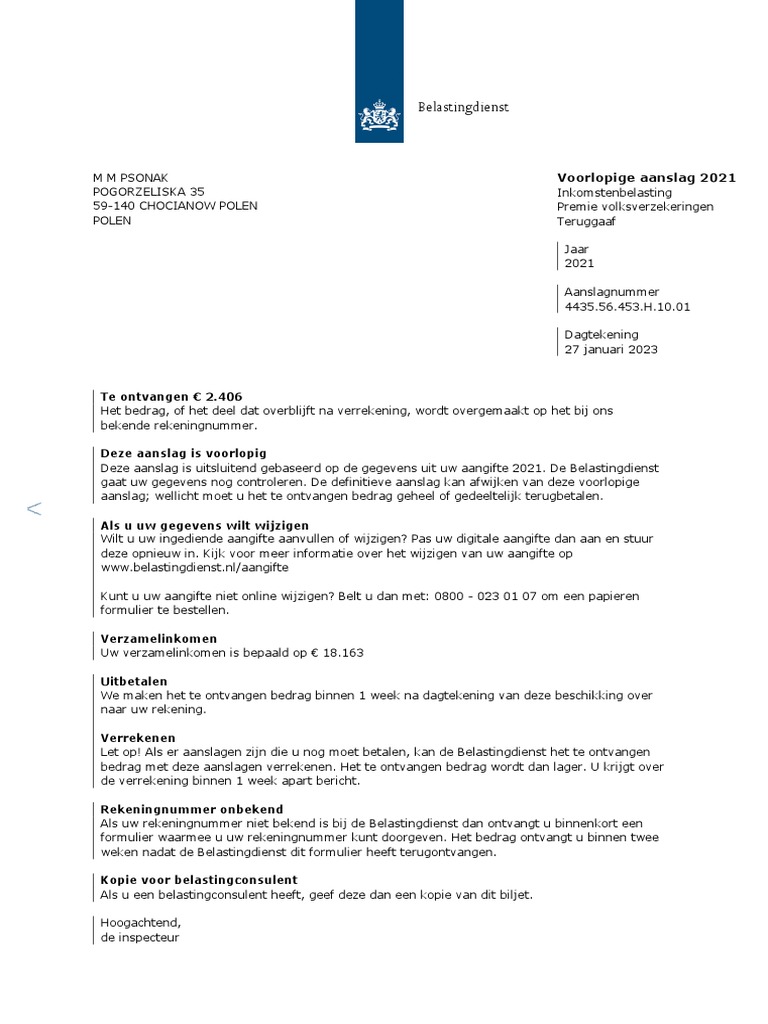 Definitieve Aanslag Te Ontvangen Of Te Verrekenen