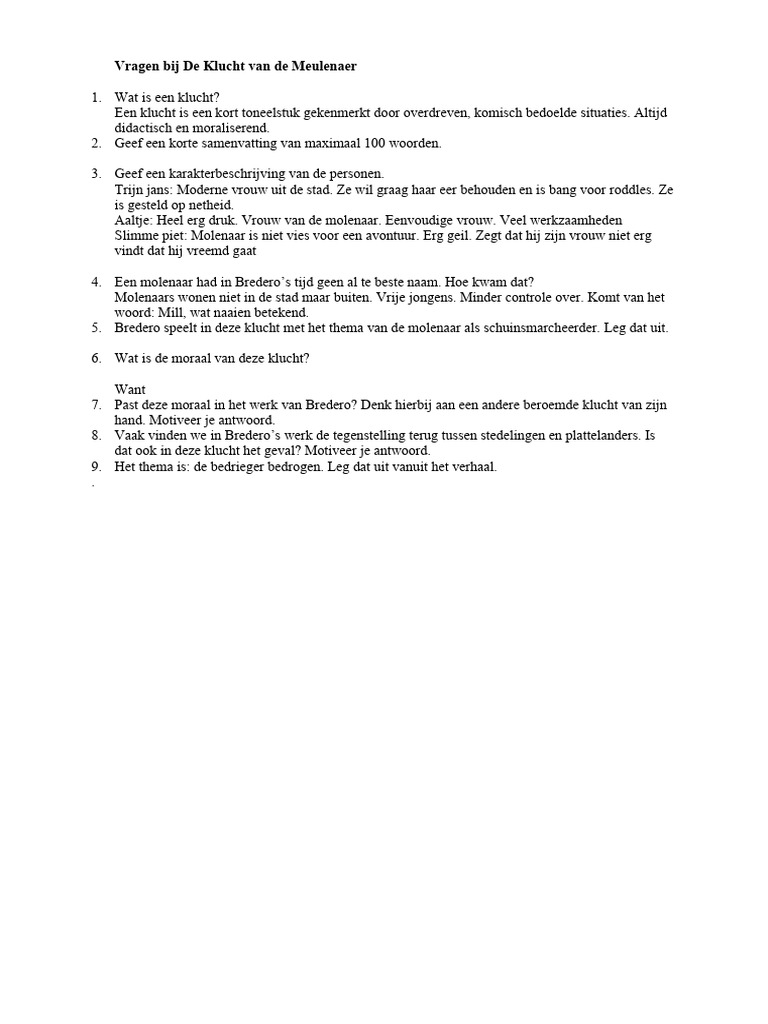 Klucht Van De Molenaar Samenvatting