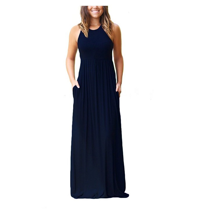 Vrouwen Jurk Solid Ronde Hals Mouwloze Racer Back Hoge Taille Geplooide - Model Jurk Met Hoge Taille Dat Mode Was Rond 1800