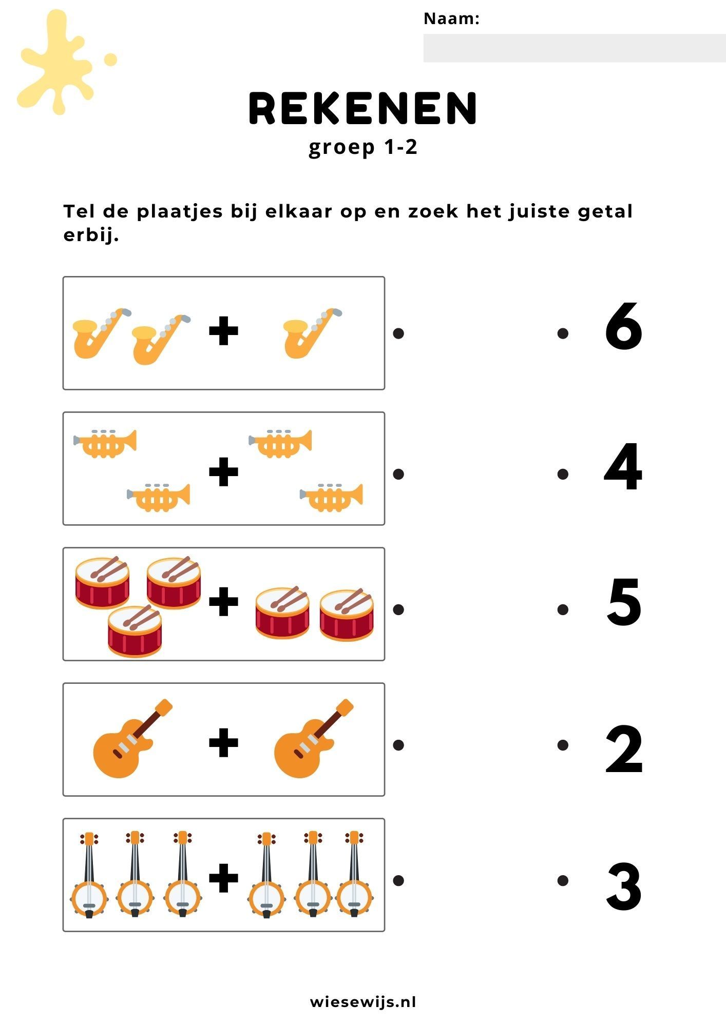 werkblad rekenen groep 1-2 plaatjes optellen thema muziek - Wiesewijs - Rekenen Groep 1 En 2