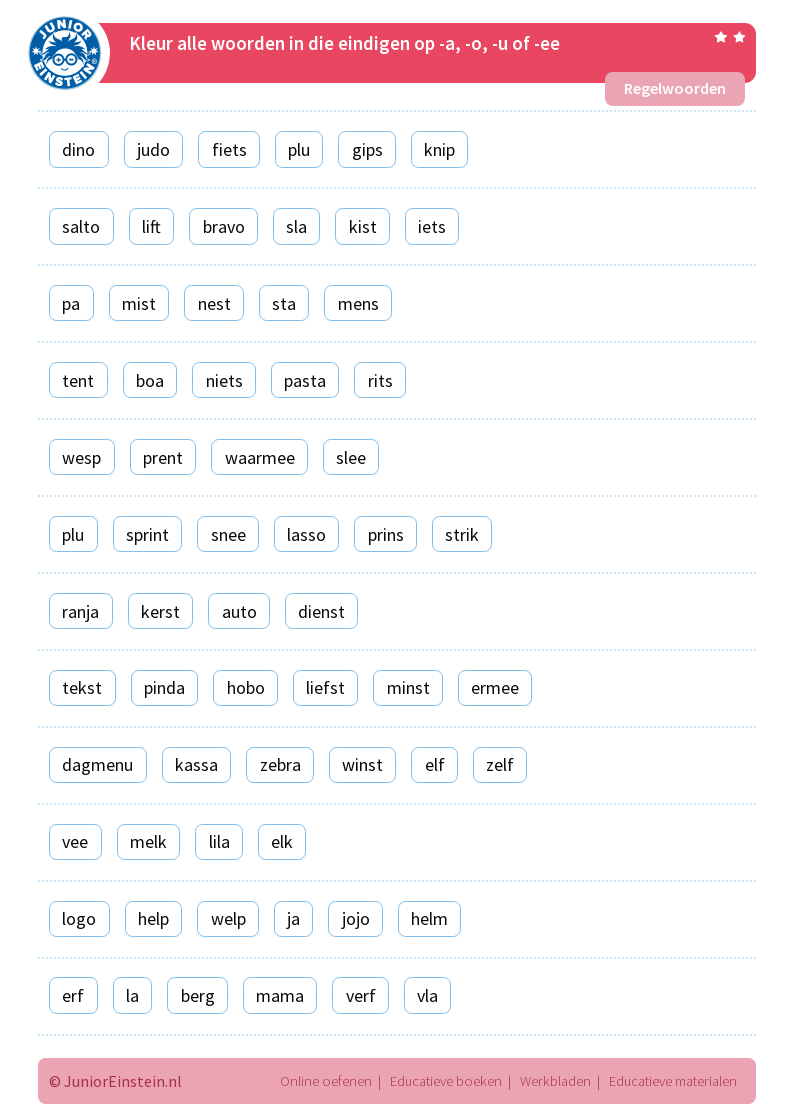 Werkbladen > Regelwoorden > Schrijf je -a, -o, -u of -ee? > Kleur de - Woorden Eindigen Met Een Y