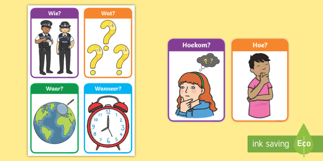 Wie, Wat, Waar, Wanneer, Hoe? Vrae Kaarte (teacher made) - Wie Wat Waar Wanneer Waarom Hoe Voorbeeld
