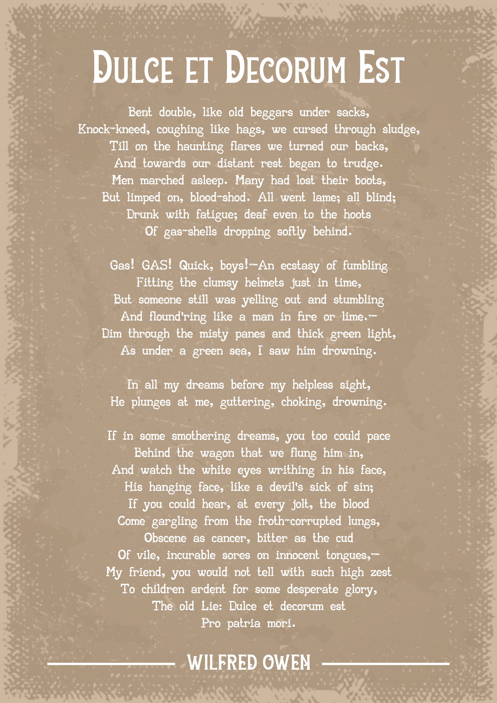 Wilfred Owen Dulce Et Decorum Est Poem Art Print - Etsy - Dulce Et Decorum Est Poem