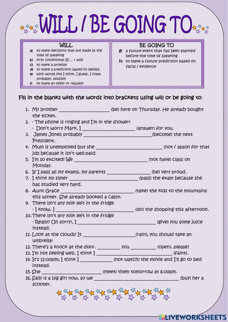 Will vs going to 2 worksheet | English grammar exercises, English - Going To Or Will Exercises