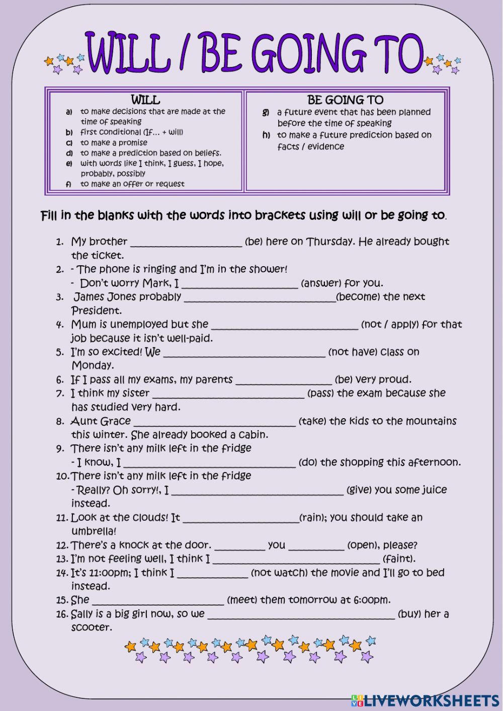 Will vs going to 2 worksheet | English grammar exercises, English - Going To Vs Will Exercises