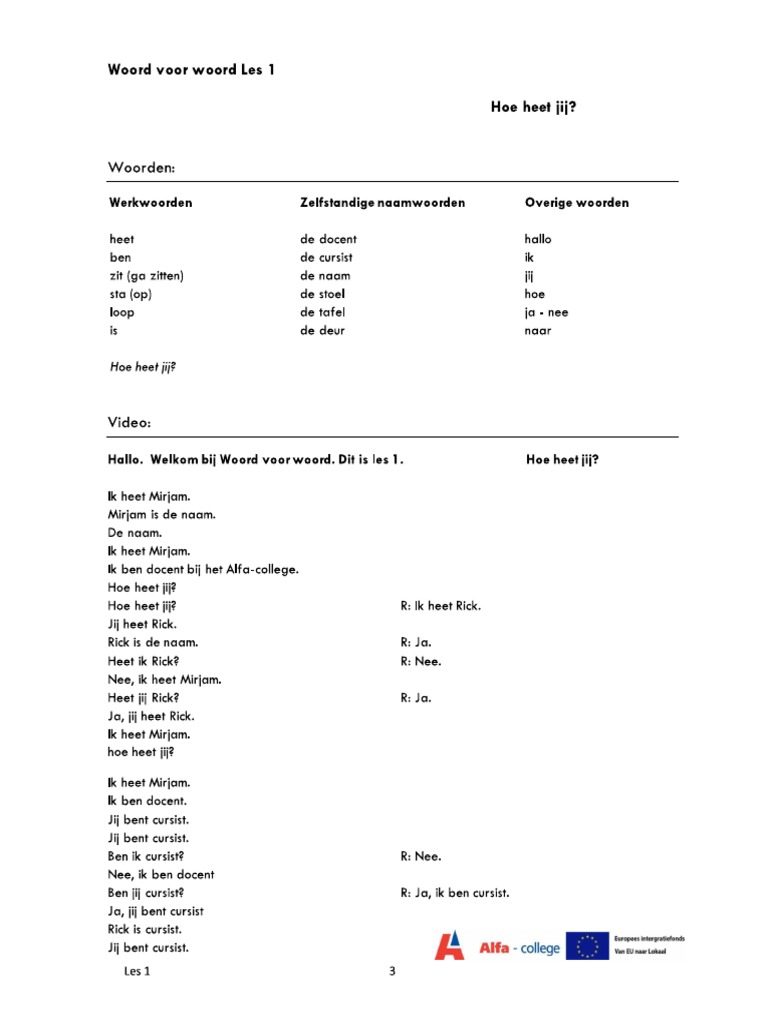 Woord Voor Woord LES 1 | PDF - Woord Voor Woord Les 1