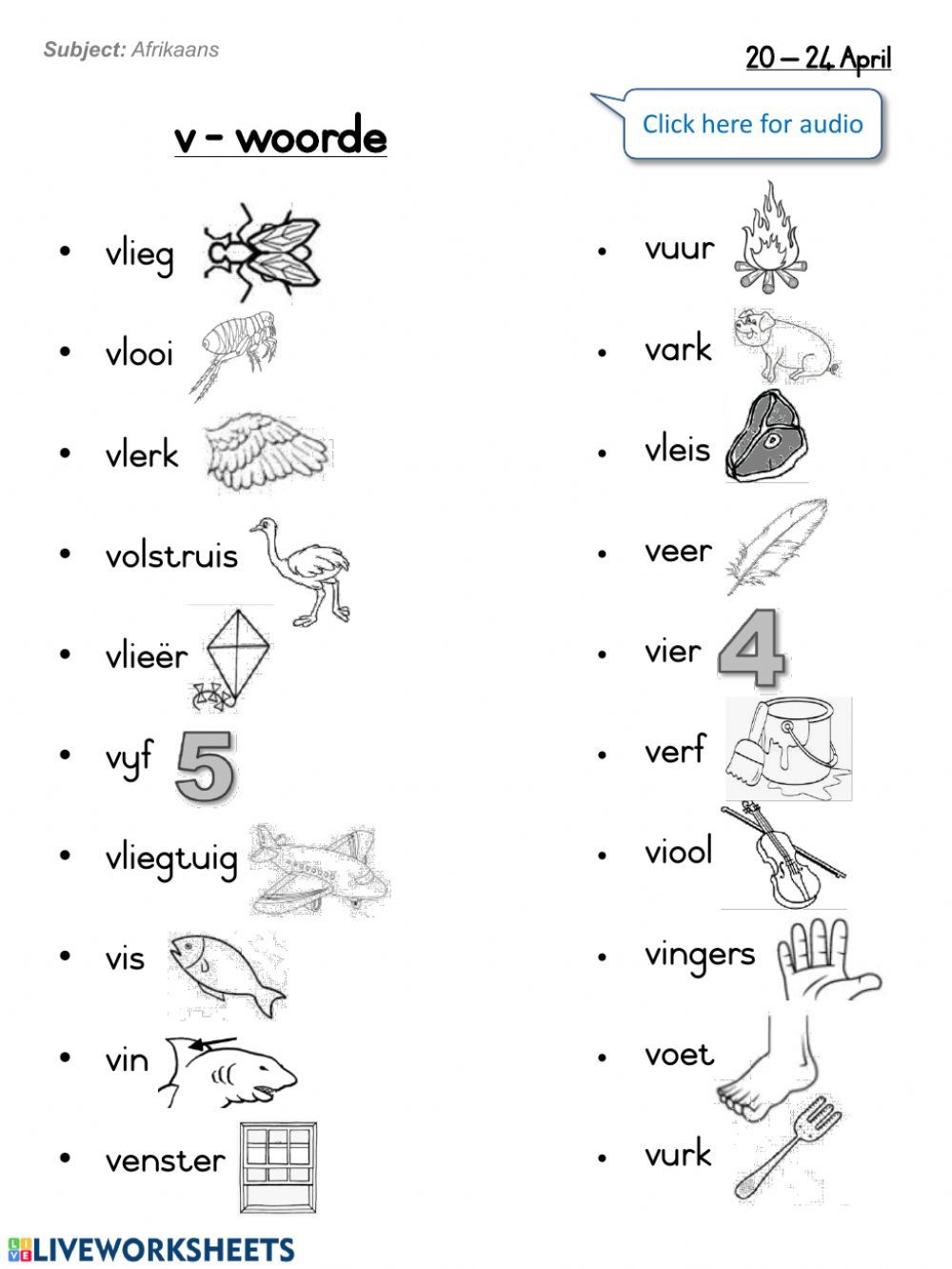 Woorde wat met v- begin worksheet | School worksheets, School fun - Woorden Die Beginnen Met O