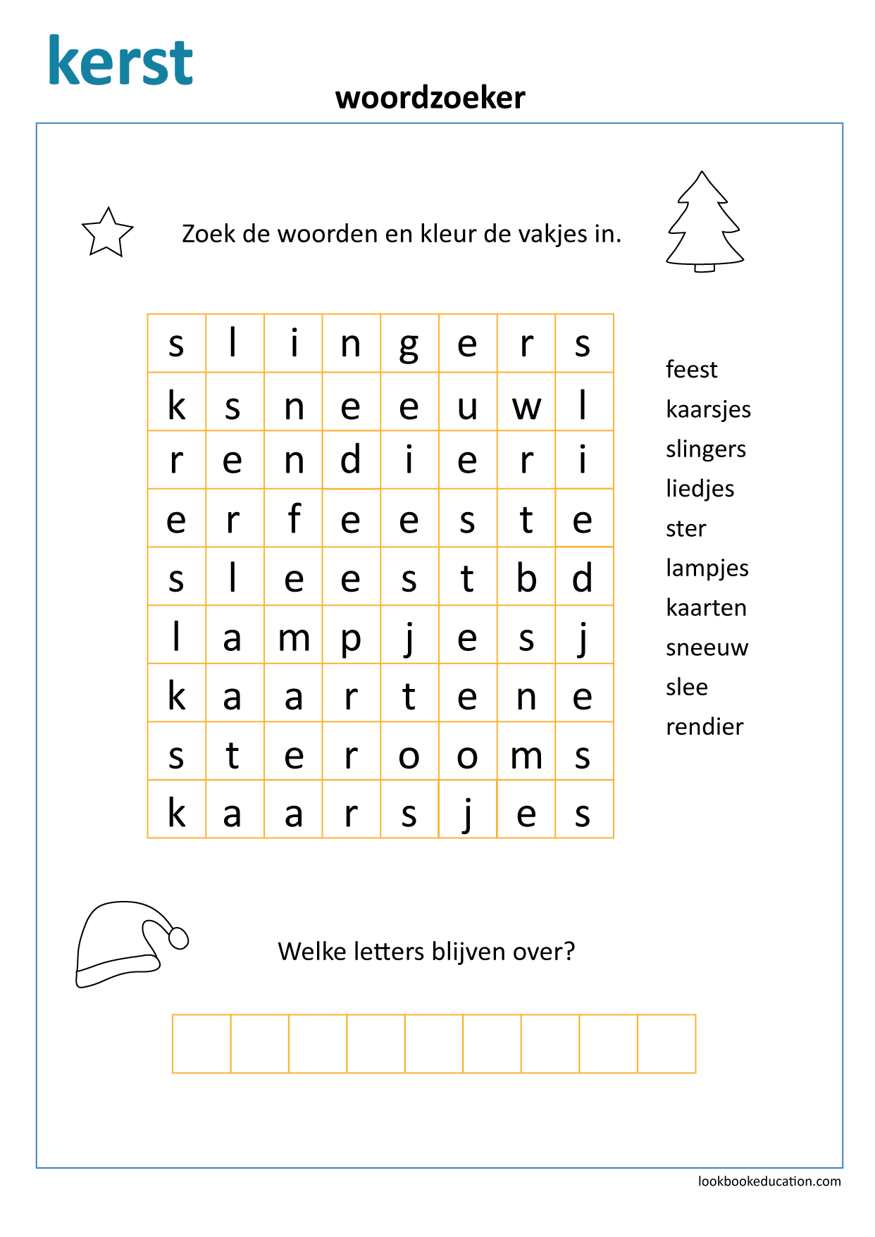 Woordzoeker, thema Kerst. Zoek de woorden en kleur de vakjes in, de - Maak Woorden Van Deze Letters